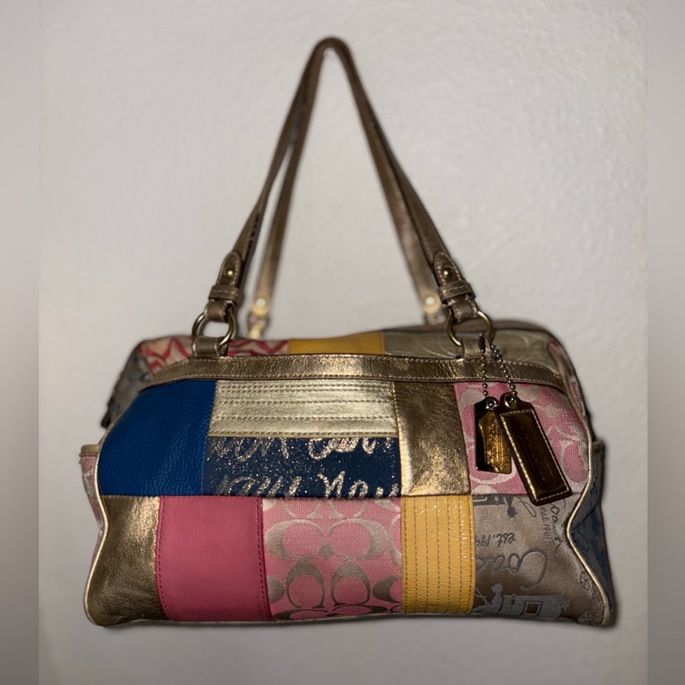 Coach Patchwork Satchel with Pink, Gold, and Blue